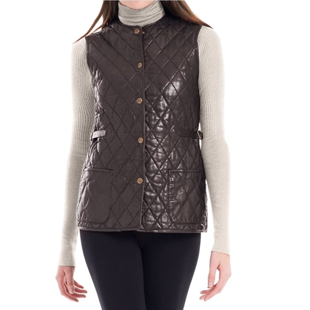 LEON MAX Quilted Genuine Leather Vest Women size XS Brown